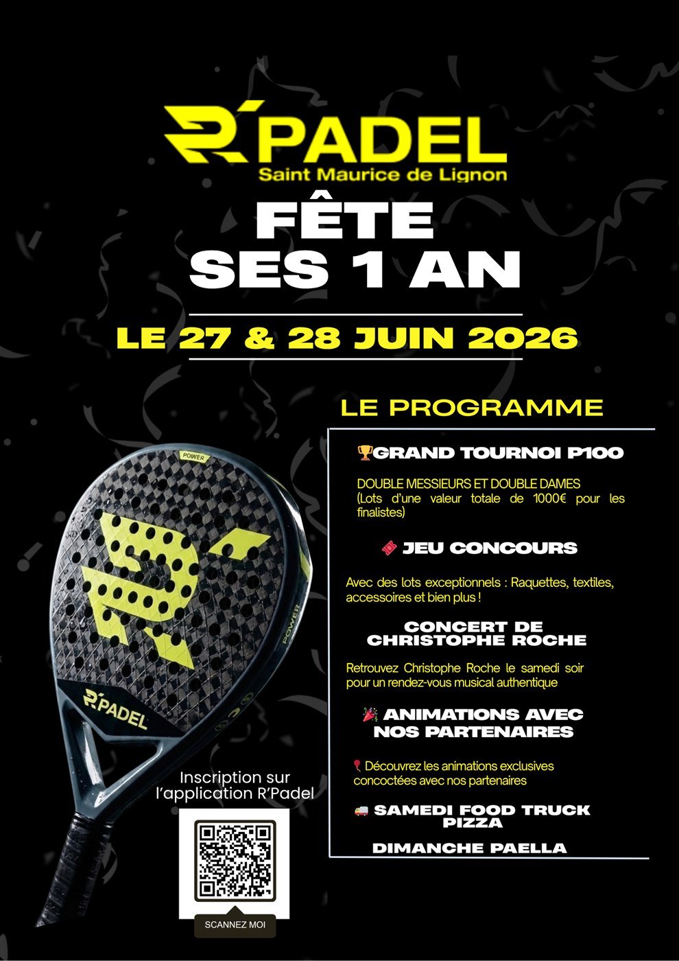 Programme complet 1 an R'Padel — tournoi, concert, animations, food truck, padel Haute-Loire
